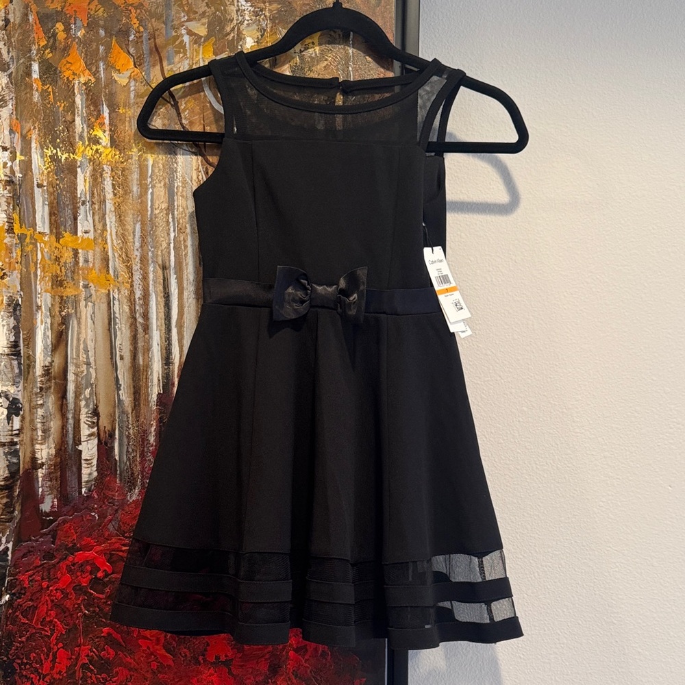Calvin Klein Little Girls Black Mesh Trim Party Dress with Bow
